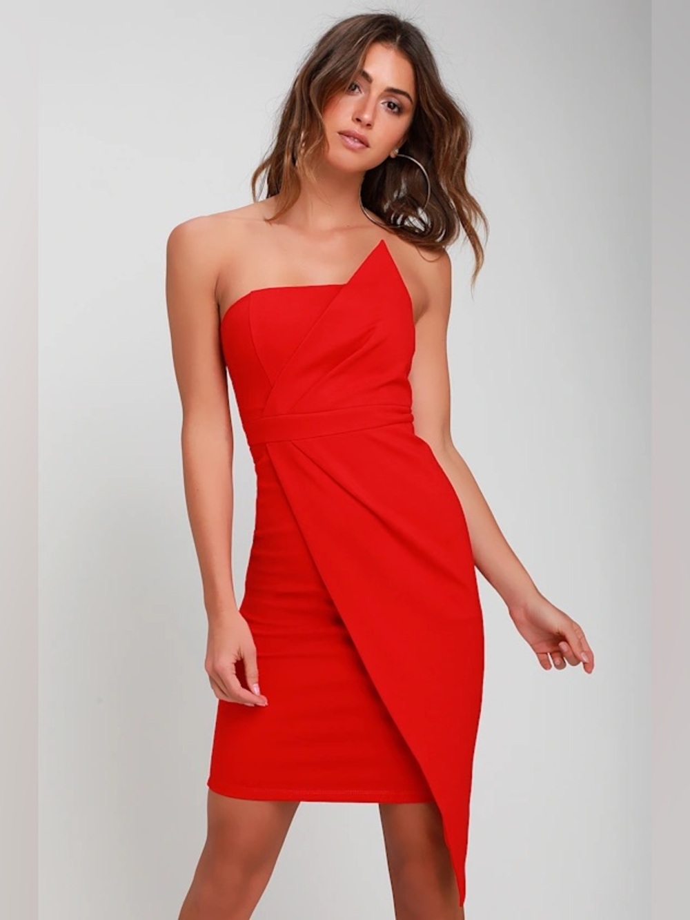 Lulu's Strapless Red Cocktail Dress with Folded Bodice Detail